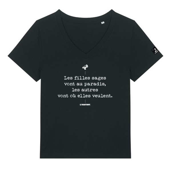 T-shirt militant col V black les filles sages