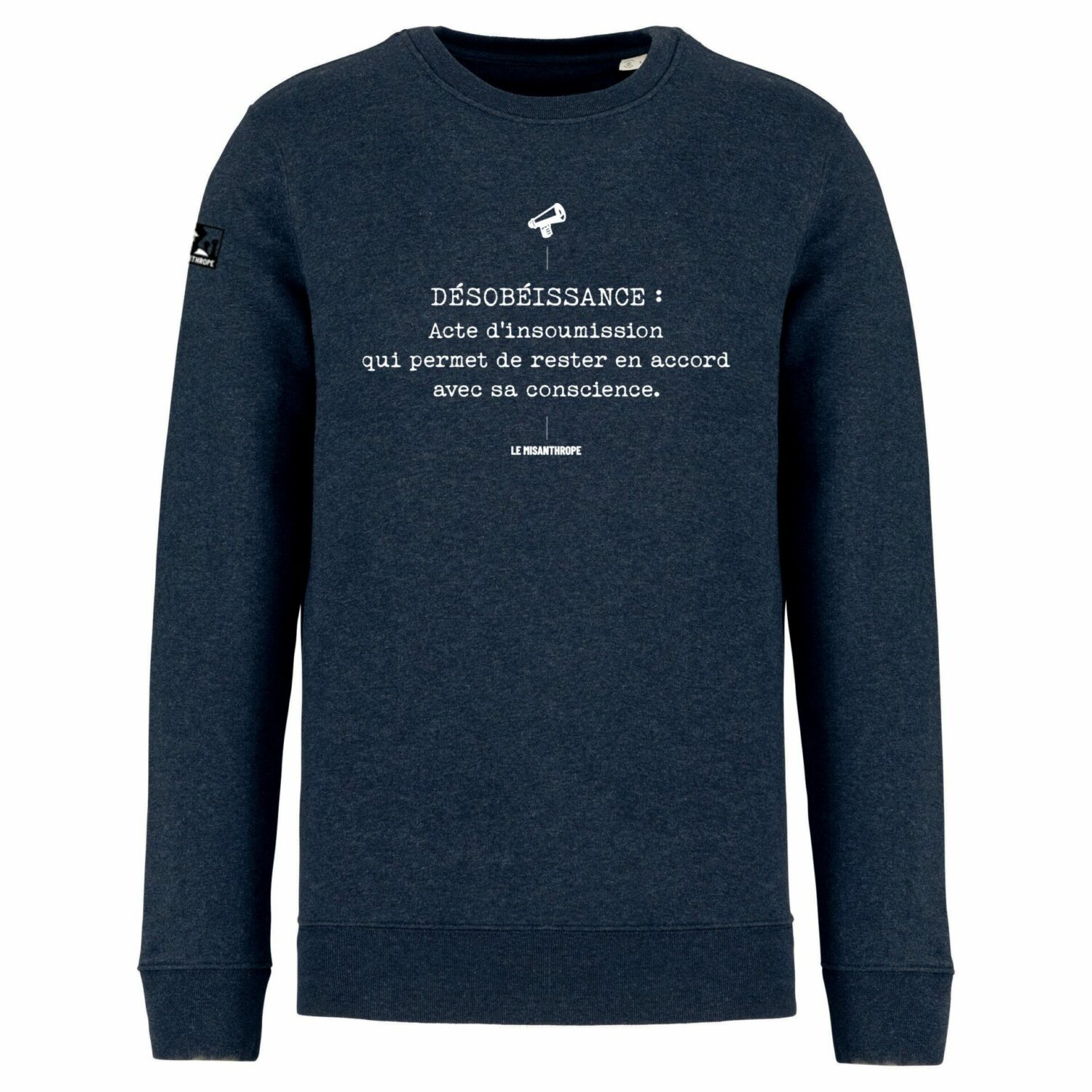 Sweat militant col rond navy blue heather Desobeissance face.jpg