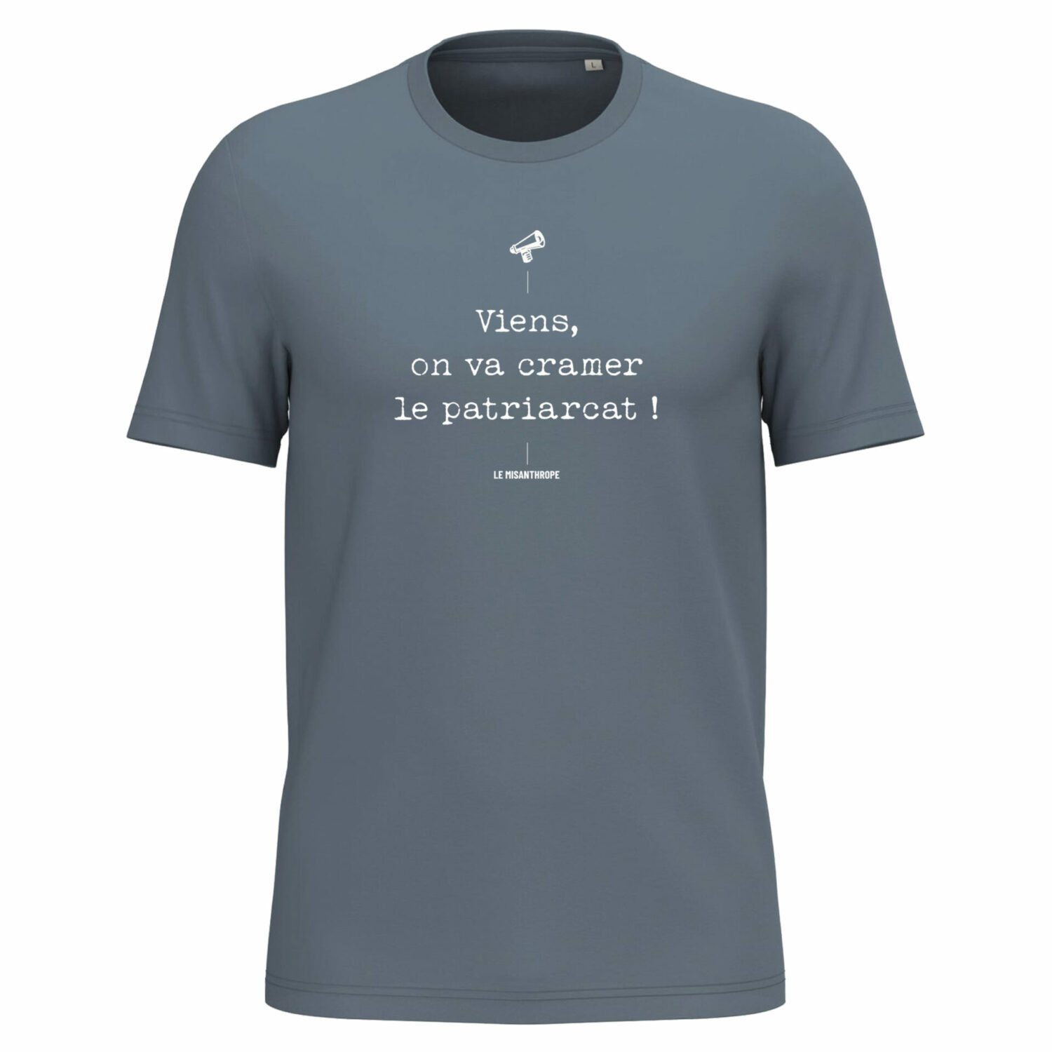 T-shirt féministe en coton bio avec slogan militant « Viens on va cramer le patriarcat », mode engagée et éthique.