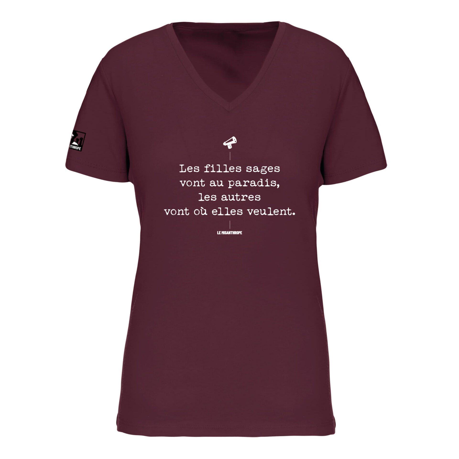 t-shirt féministe col V avec slogan Les filles sages vont au paradis, les autres vont où elles veulent – vêtement engagé et féministe pour l’émancipation des femmes.