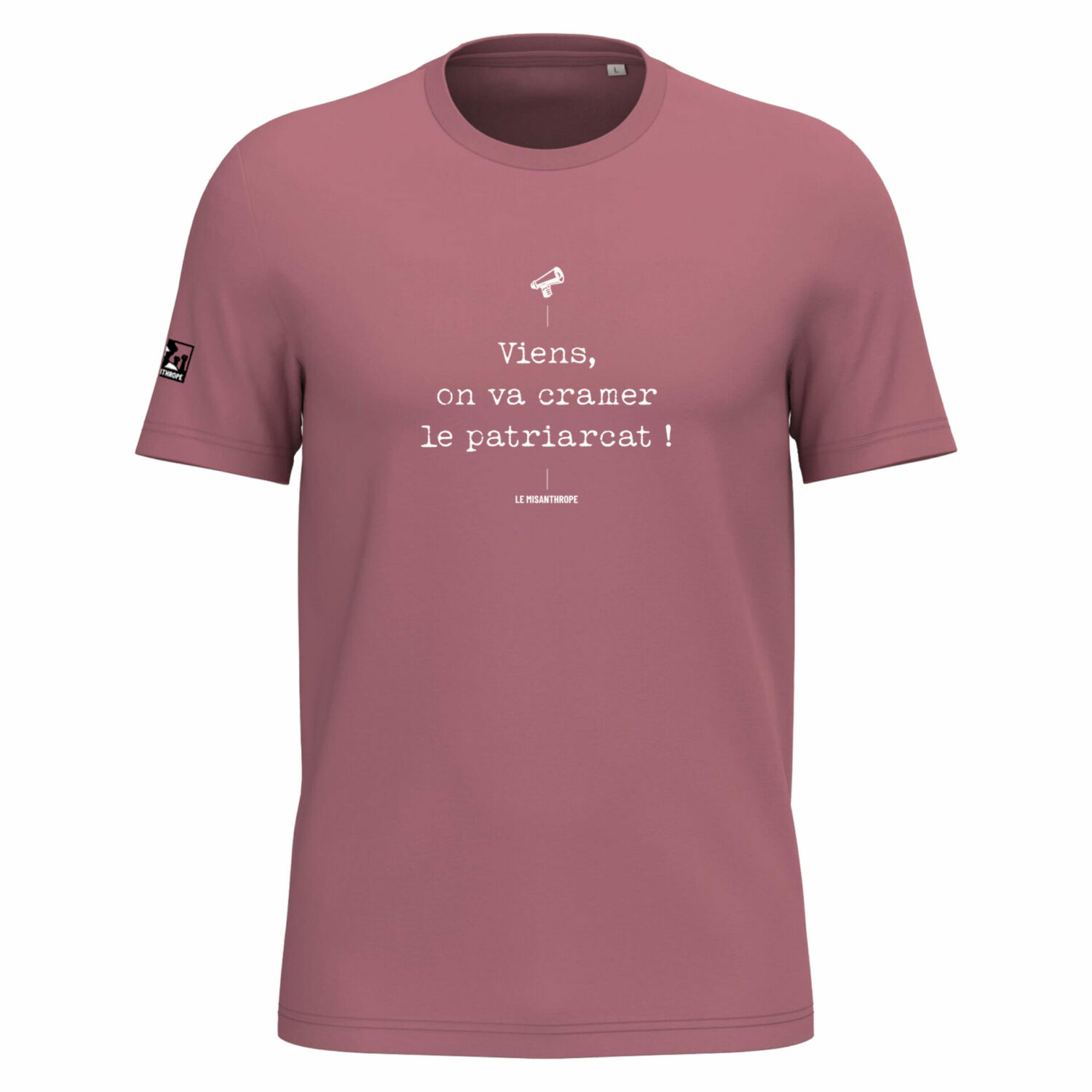 T-shirt féministe en coton bio avec slogan militant « Viens on va cramer le patriarcat », mode engagée et éthique.