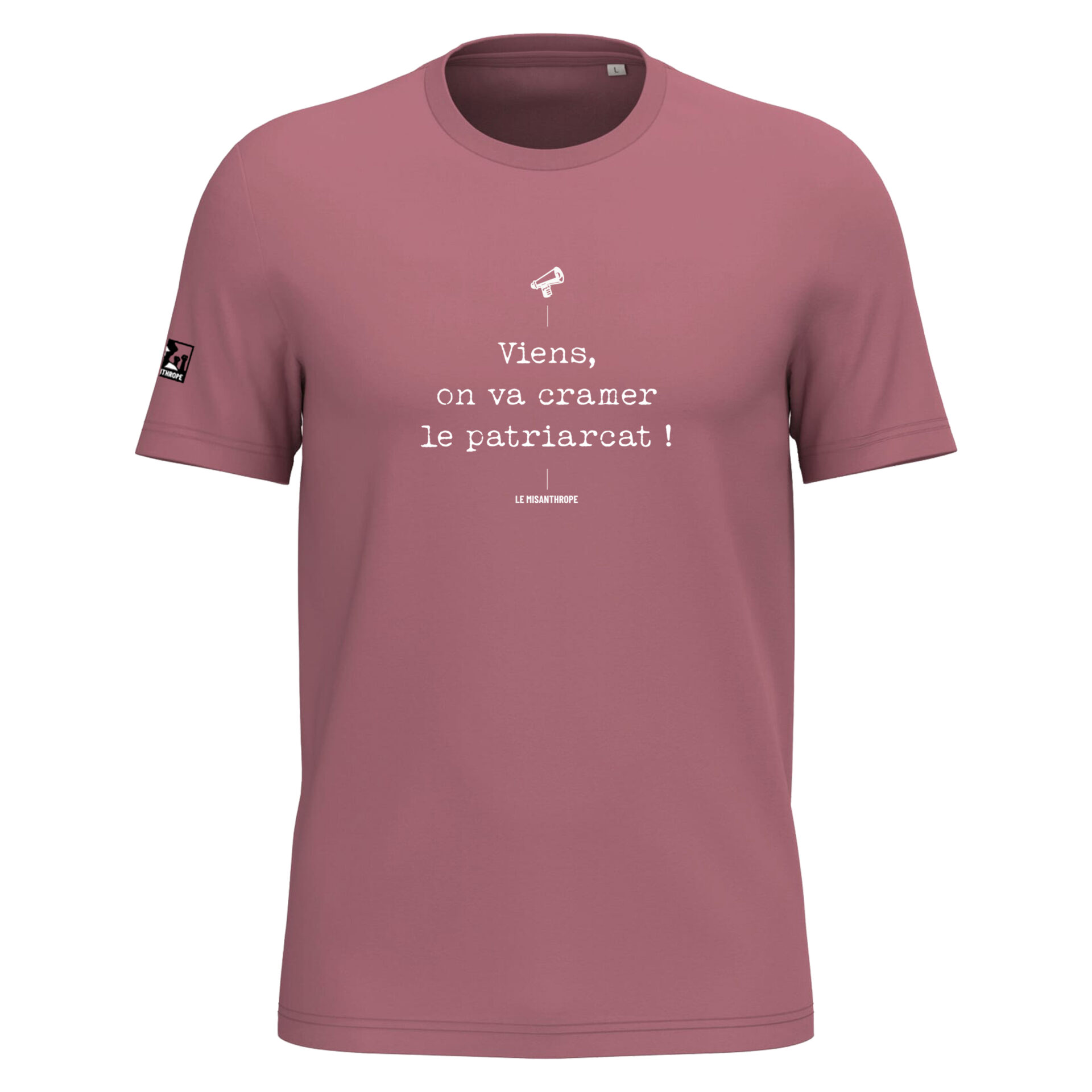 T-shirt féministe en coton bio avec slogan militant « Viens on va cramer le patriarcat », mode engagée et éthique.