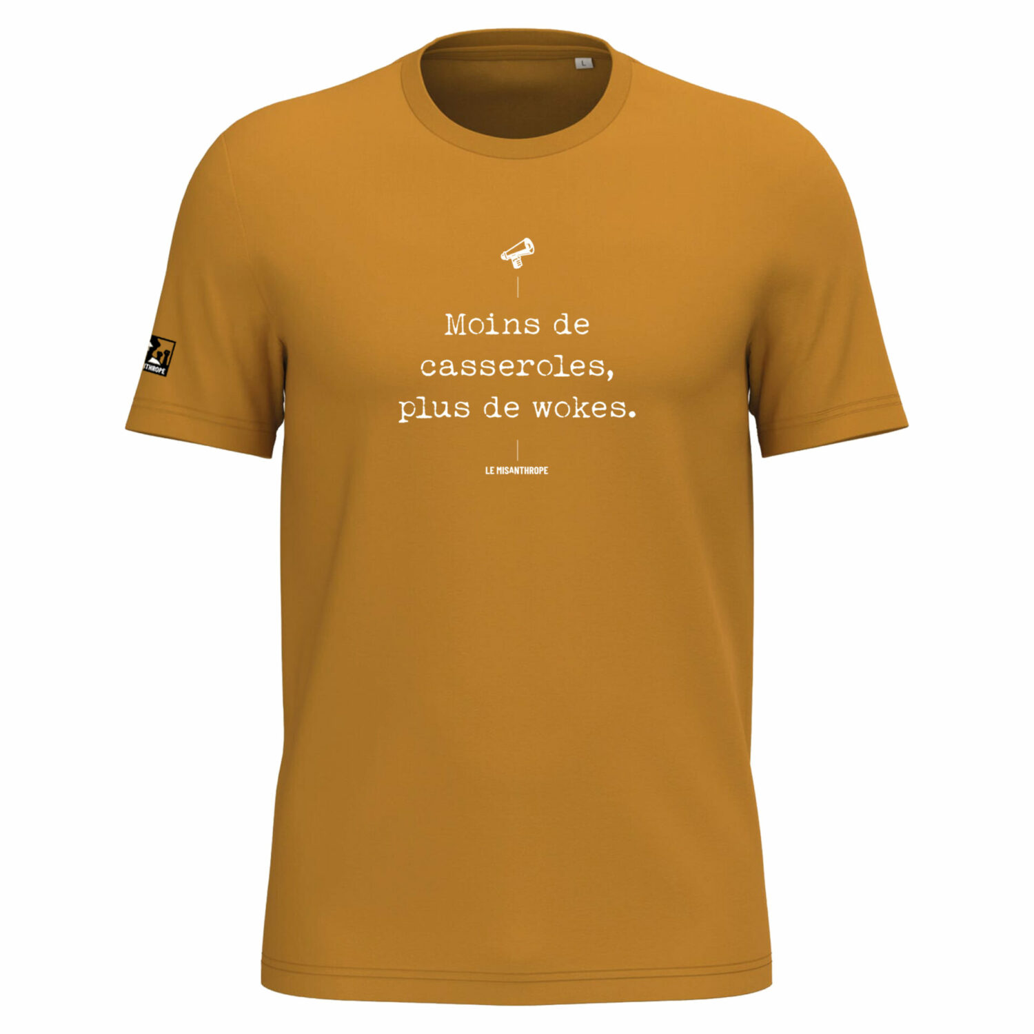 T-shirt militant « Moins de casseroles, plus de wokes » en coton bio GOTS – vêtement engagé contre les politiques répressives et pour un militantisme progressiste.
