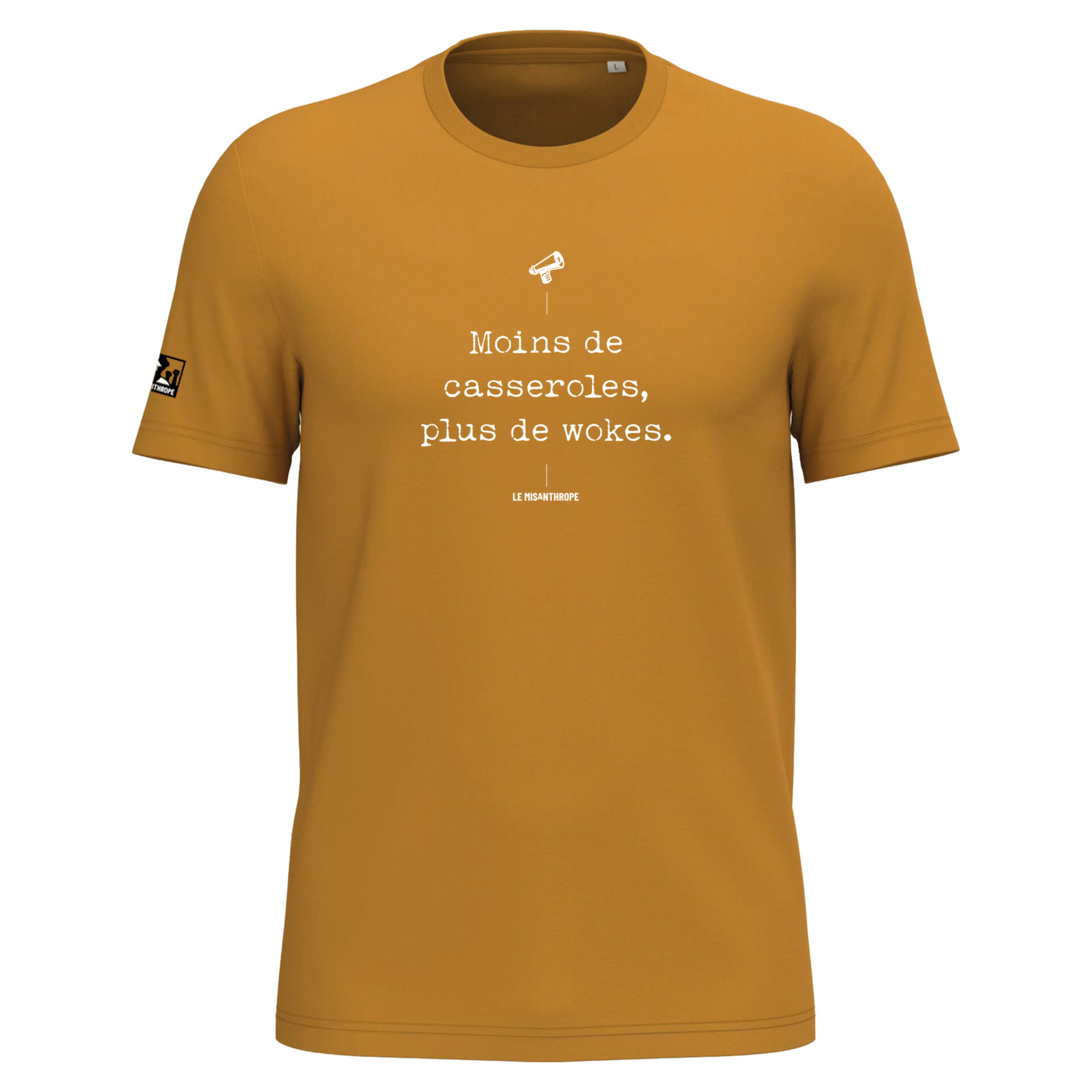 T-shirt militant « Moins de casseroles, plus de wokes » en coton bio GOTS – vêtement engagé contre les politiques répressives et pour un militantisme progressiste.