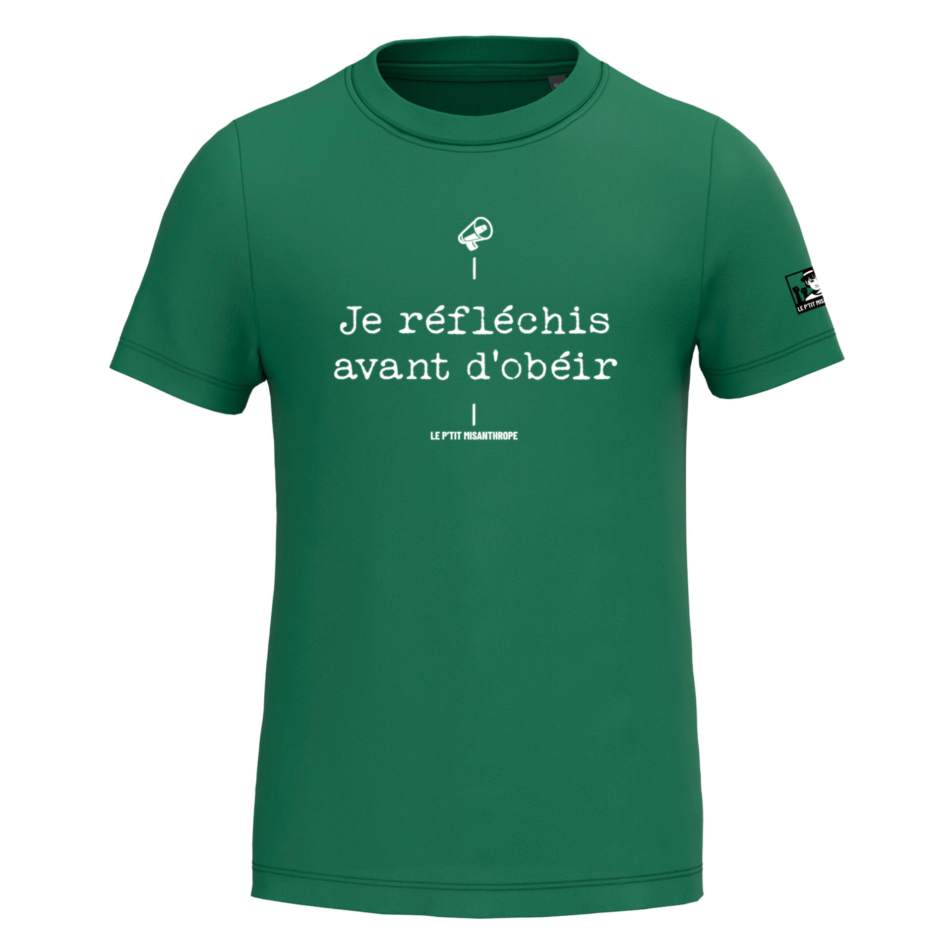 T-shirt enfant militant je réfléchis avant d’obéir en coton bio, message critique et engagé