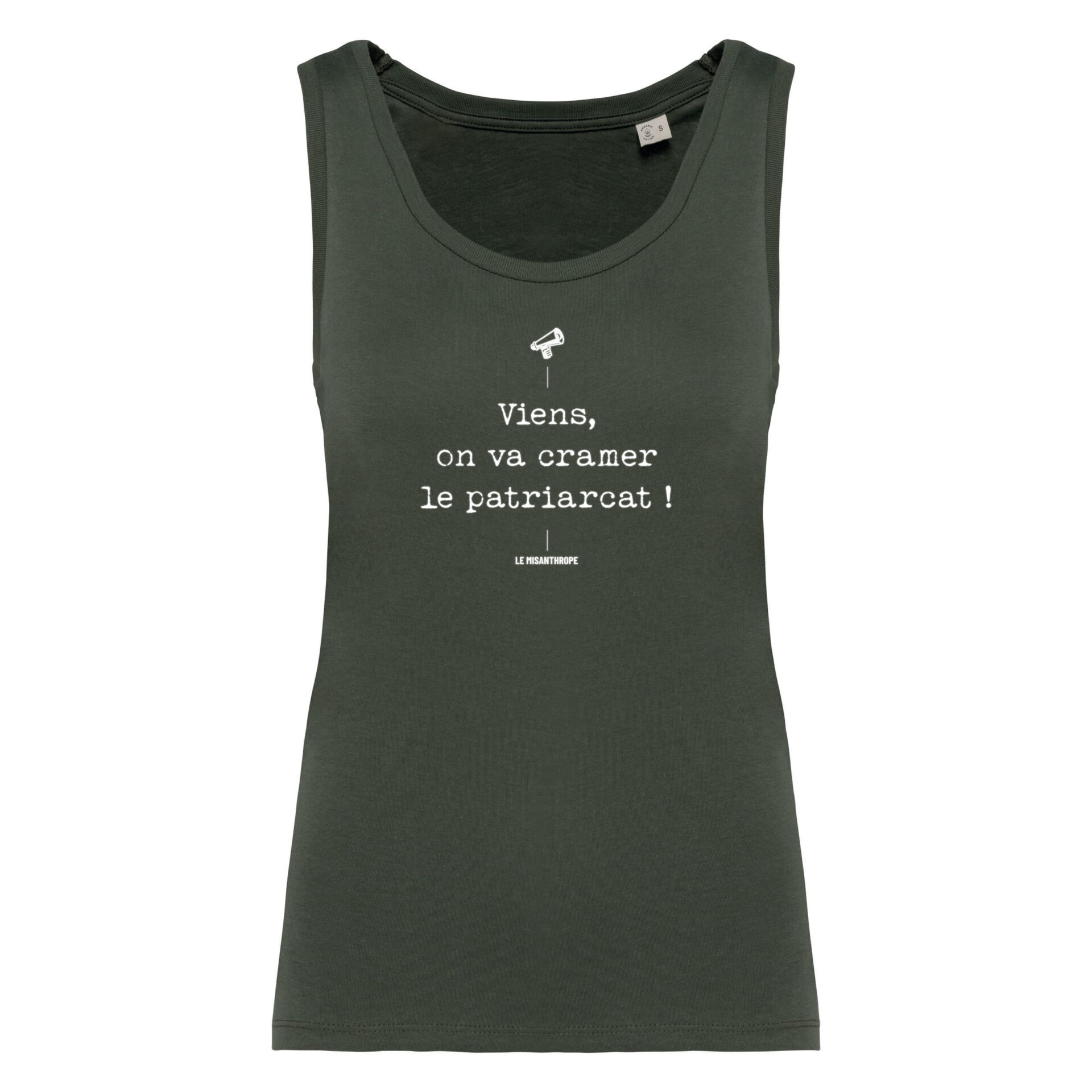 Débardeur féministe coton bio « Viens, on va cramer le patriarcat » – vêtement militant Le Misanthrope