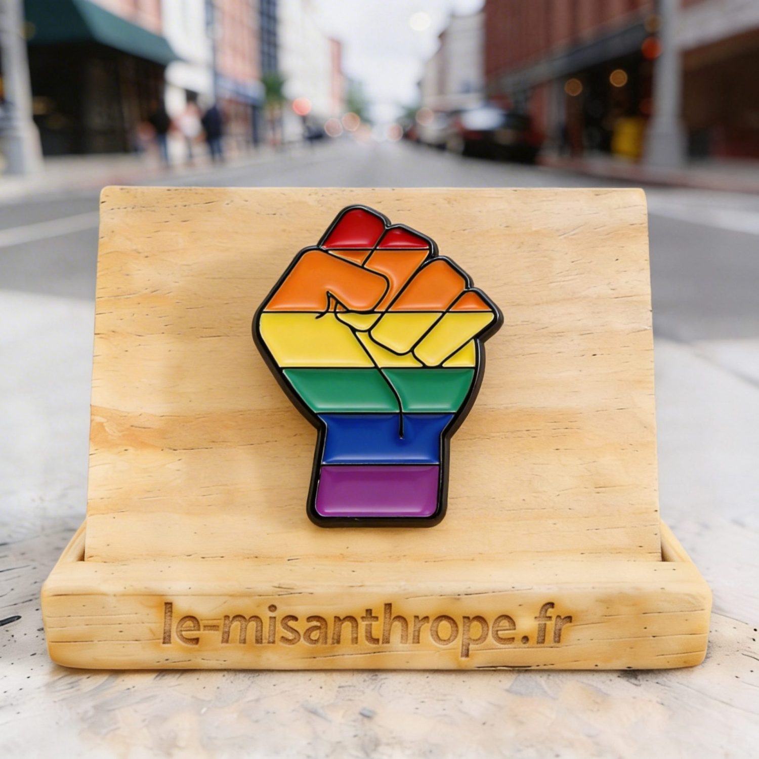 Pin’s militant poing LGBT couleurs arc-en-ciel