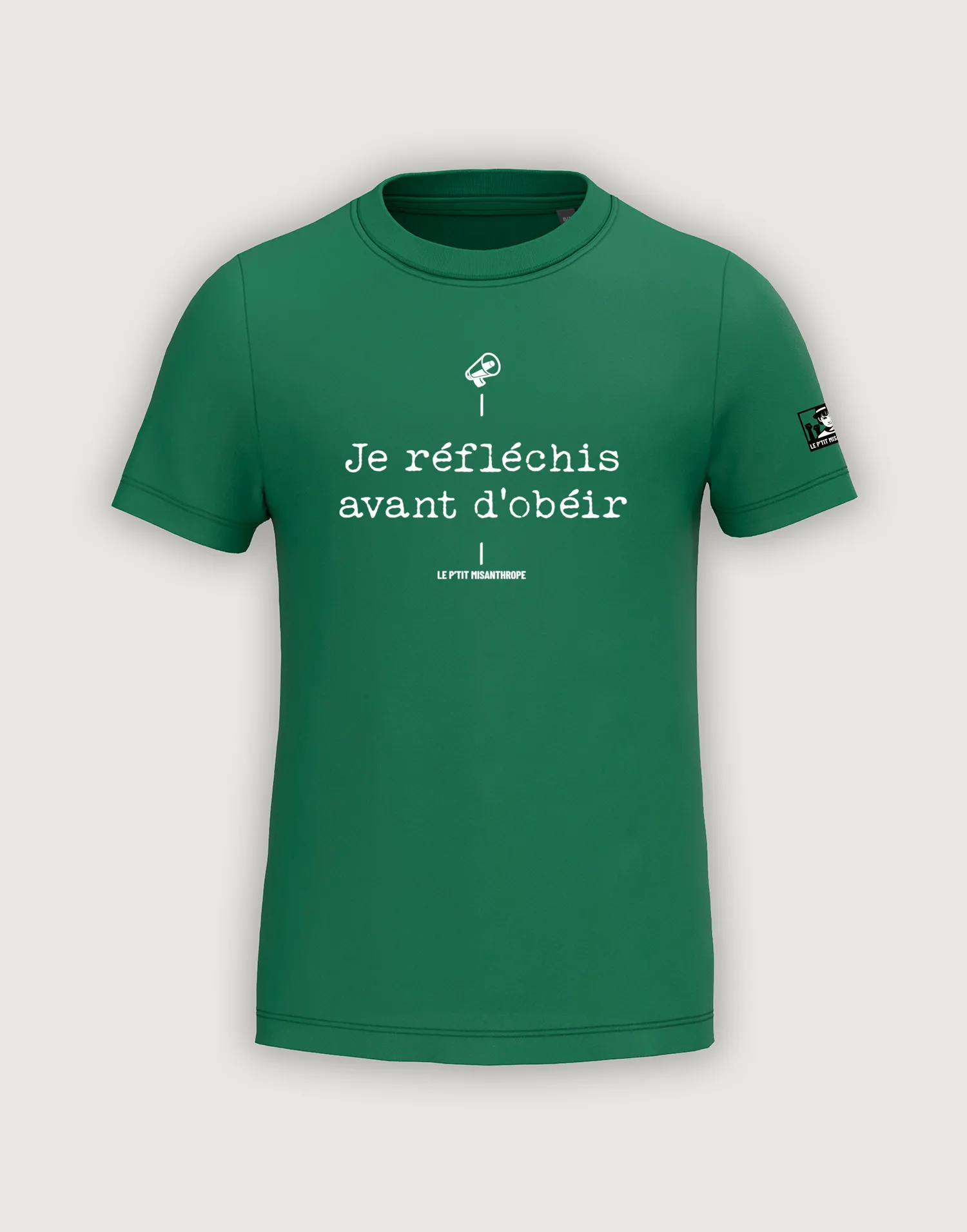 T-shirt enfant militant je réfléchis avant d’obéir en coton bio, message critique et engagé