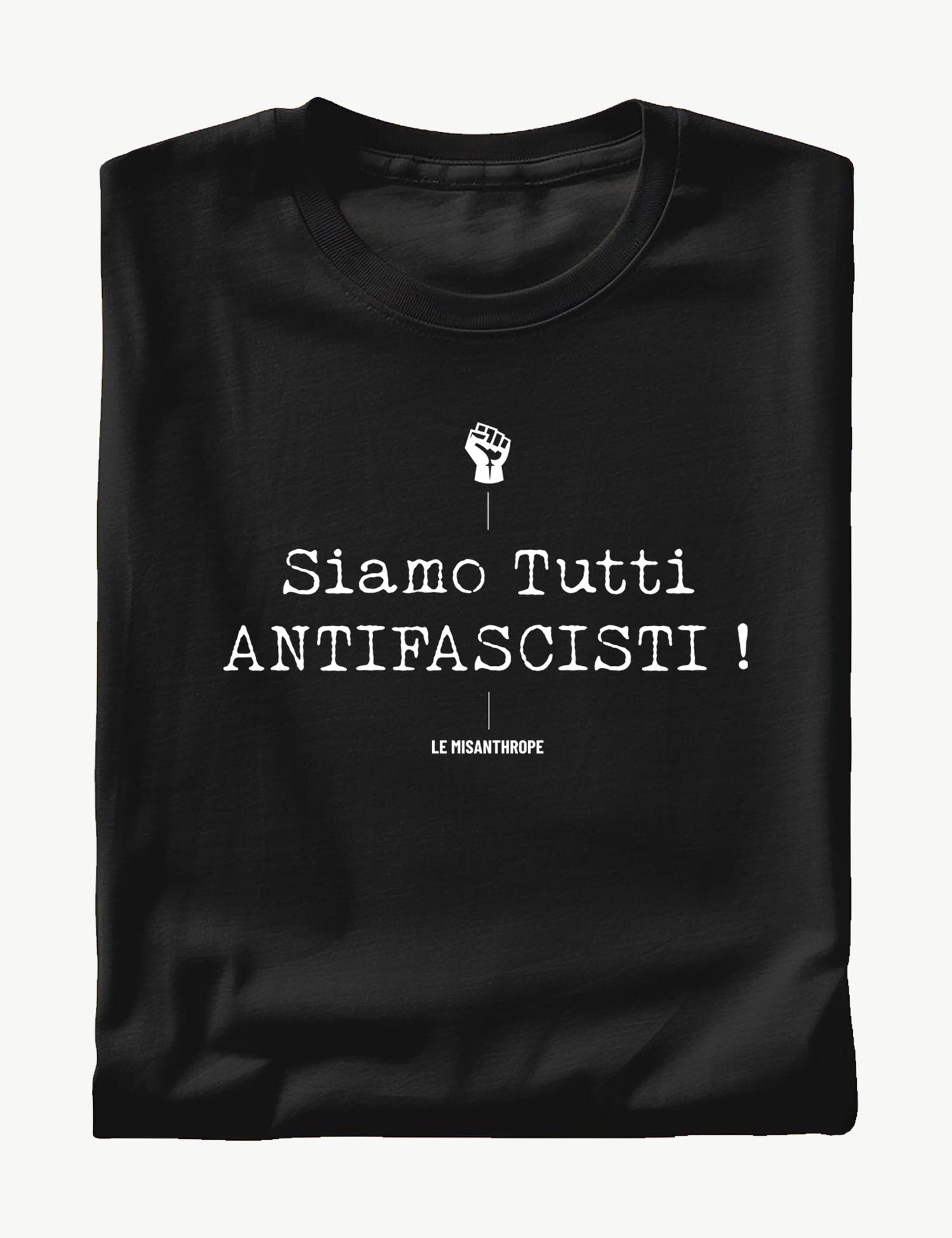 T-shirt militant en coton bio avec le slogan « Siamo tutti ANTIFASCISTI », imprimé dans les Cévennes