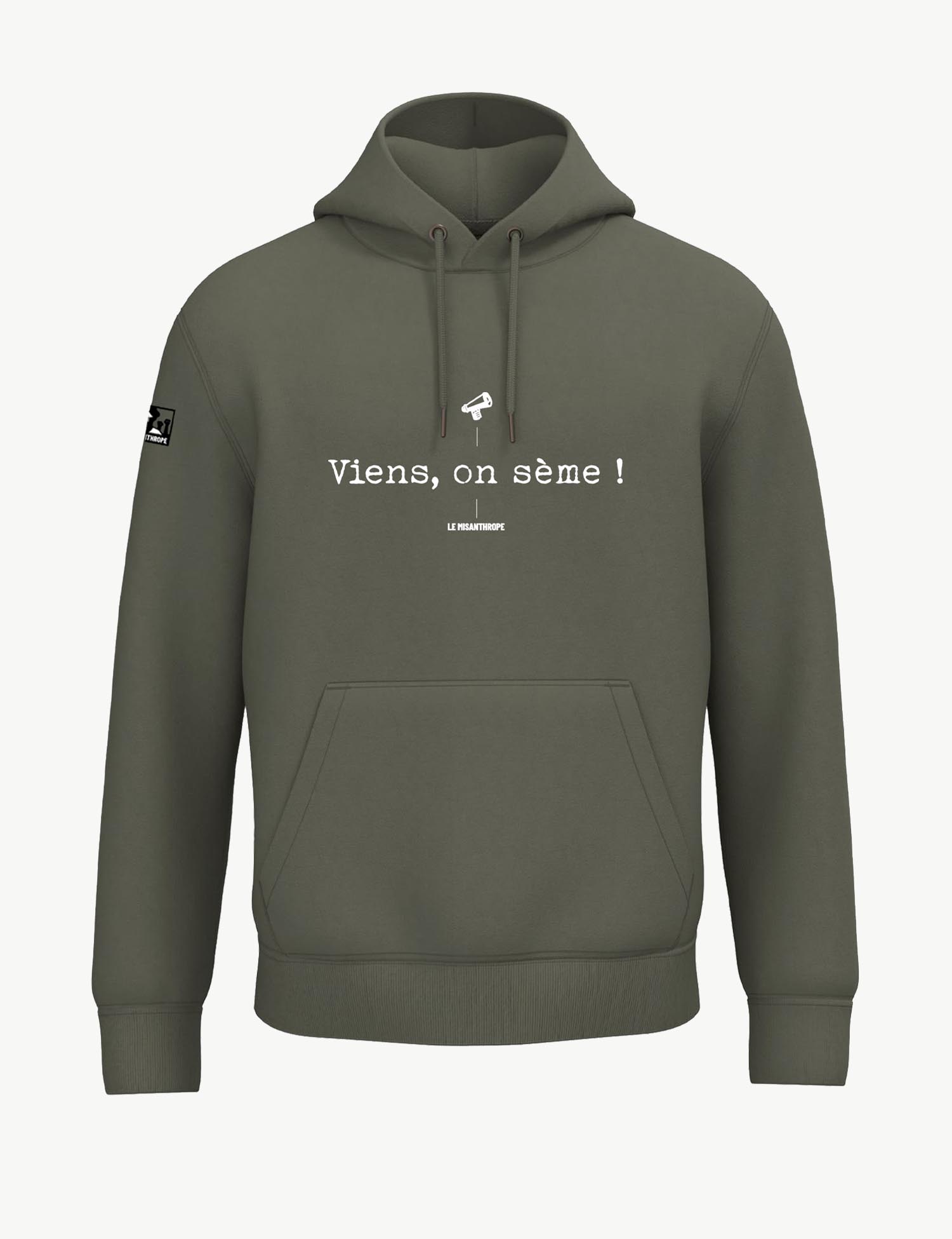 Sweat militant à capuche “Viens, on sème” en coton bio, vêtement engagé et éthique