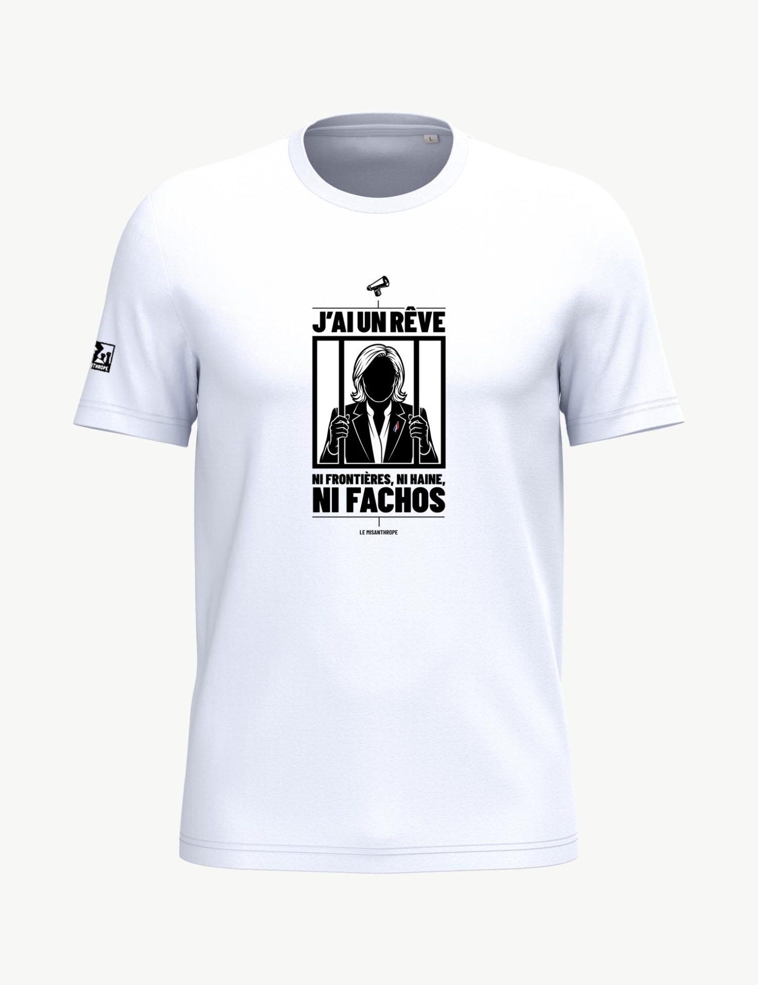 T-shirt militant en coton bio avec le slogan « Ni frontières, ni haine, ni fachos », imprimé dans les Cévennes